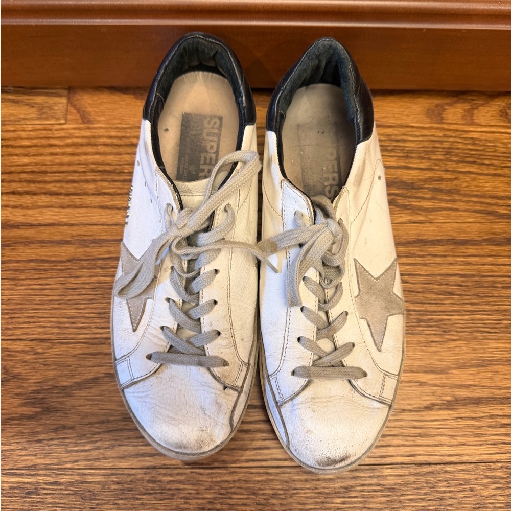 Golden Goose White Leather Sneakers with Gray Star Accents